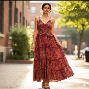 Me 2 Magic Anthropologie Pink Red Floral Stretch Maxi Dress Medium Divine Beauty